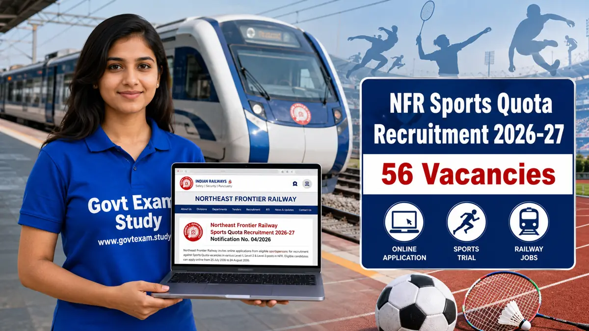 Northeast Frontier Railway Sports Quota Recruitment 2026-27 official notification for 56 Level-1, Level-2 and Level-3 Sports Quota vacancies under NFR Indian Railways.
