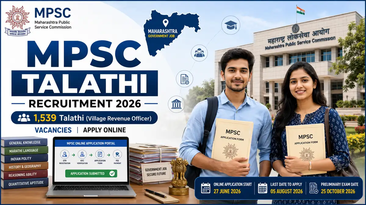 MPSC Talathi Recruitment 2026 notification banner showing 1,539 Talathi vacancies under the Maharashtra Public Service Commission (MPSC) with online application details.