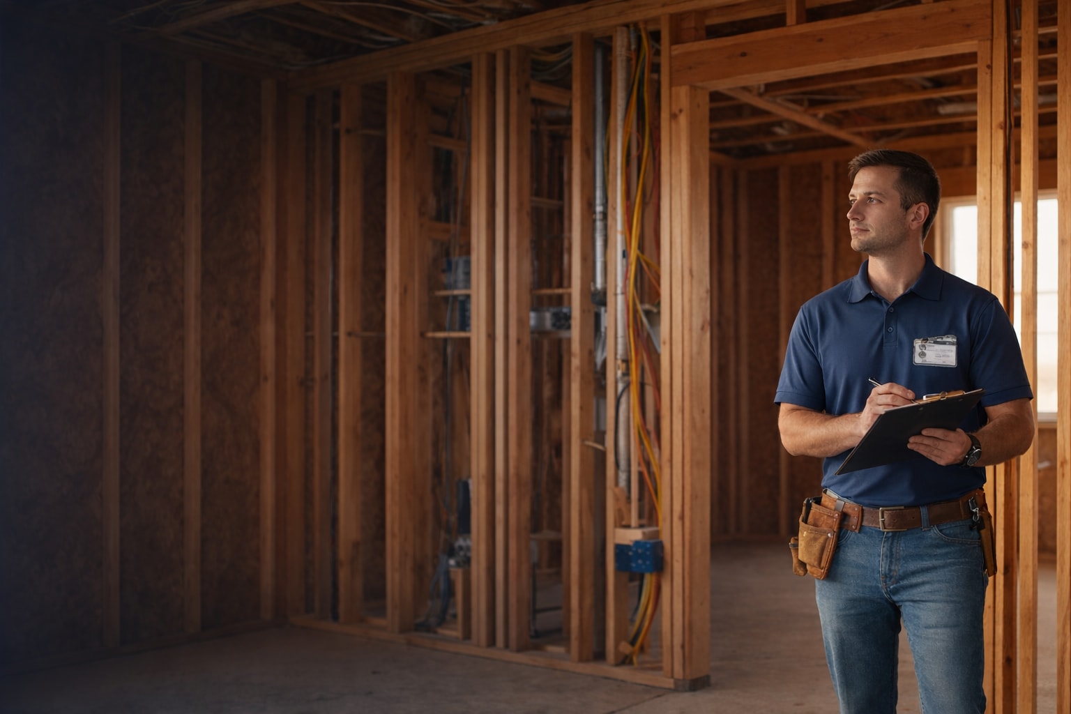 Home inspector performing a pre-drywall inspection in a Northern Colorado new construction home