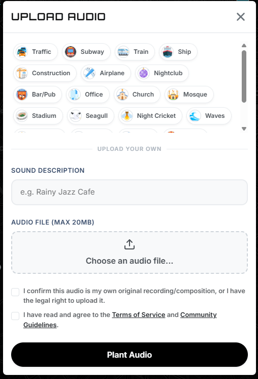 By clicking on any where in map you can upload an audio to describe it or choose from Predefined audio files available.