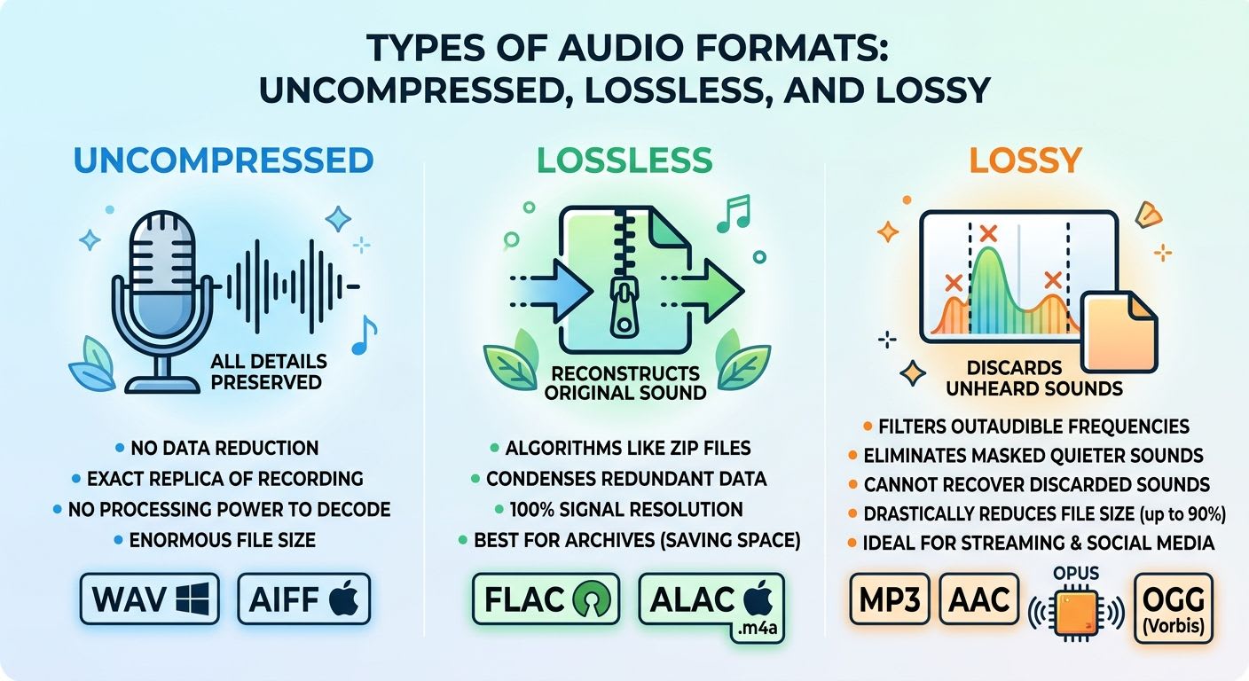 Infographic image for 3 major types of Audio Formats.