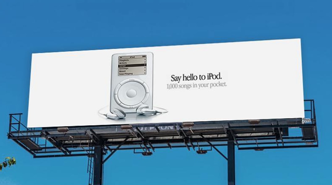 The Apple IPod MP3 Player billboard that emphasis it's ability to play 1000 MP3 songs.