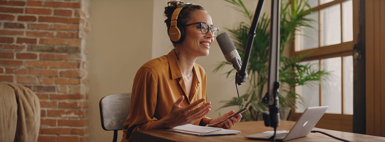 A Woman recording podcast.