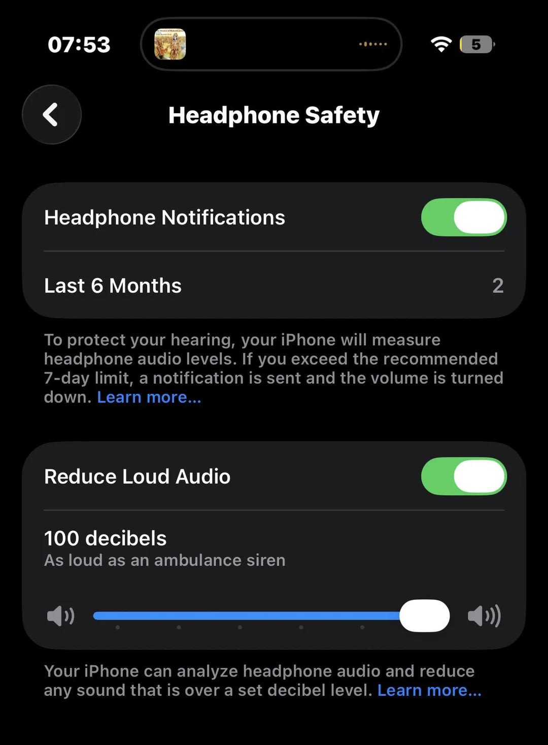 Photo of IPhone's Headphone Safety settings. You can move the bar and choose how load you want your headphones reach at volume based on decibels.