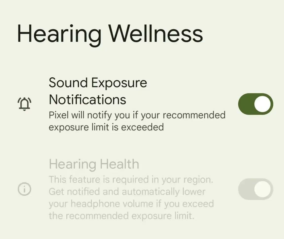 Photo of Hearing Health feature in Google Pixel Android devices. It sends notifications to you when the headphone volume exceeds the limit.