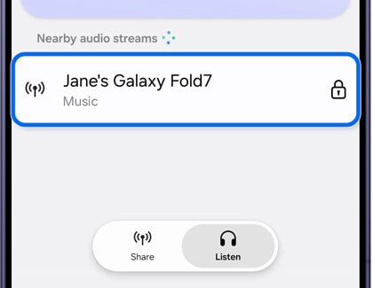 Photo of Samsung Galaxy S25's Broadcast settings. As you see you can choose between searched Broadcasts nearby and choose to listen to them.