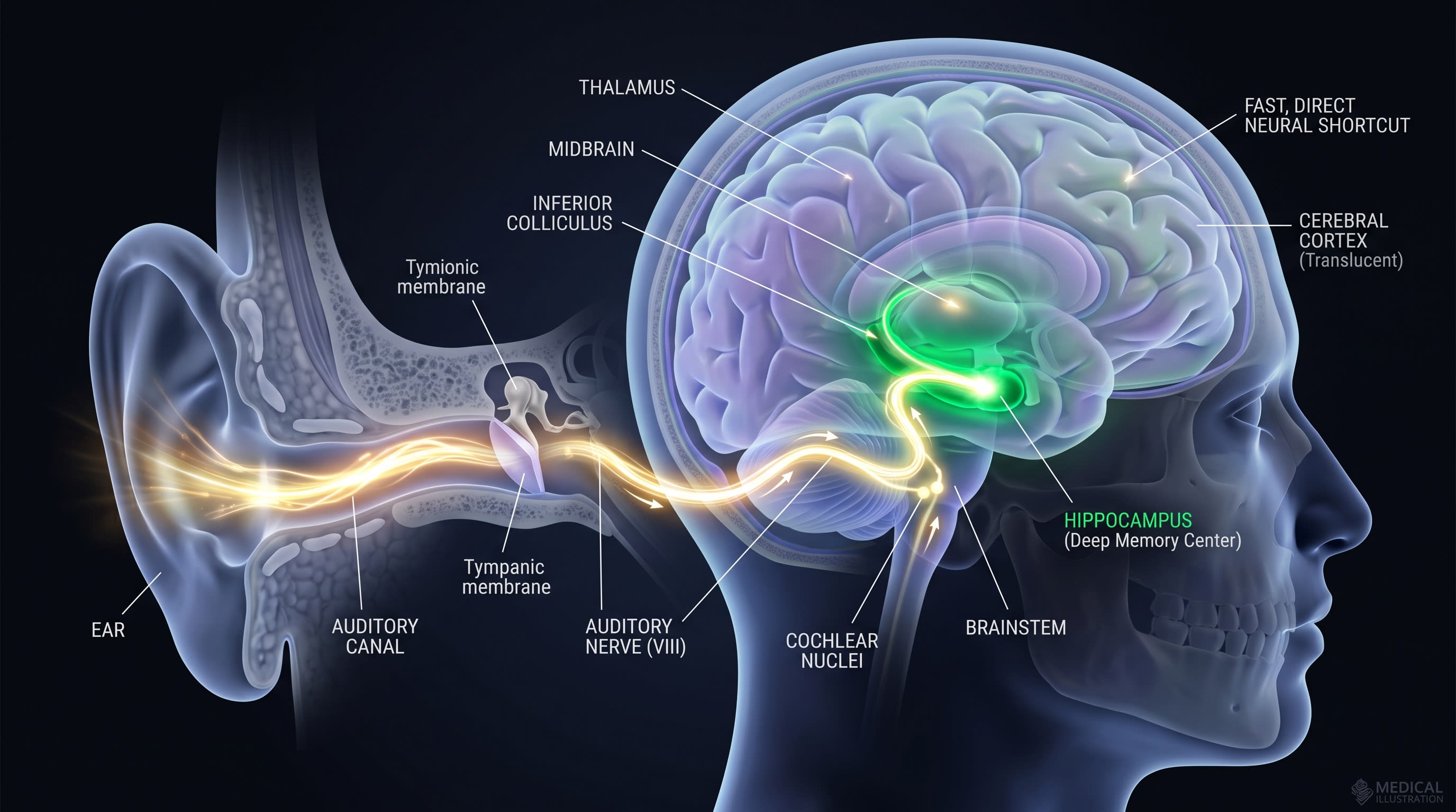Direct neural pathway shortcut running sound waves from the ear straight to the memory center in the human brain.