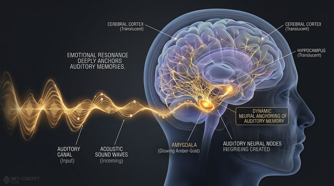 Connection between sound waves and the amygdala emotion center in preserving long-term memories.