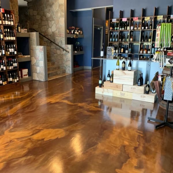 Resinwerks brown metallic epoxy on wine shop floor