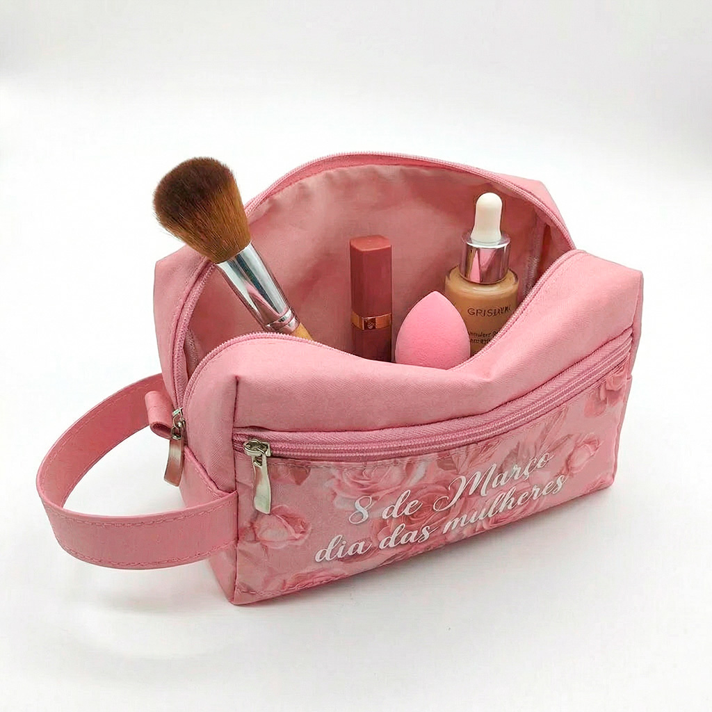 uma necessaire rosa tom sobre tom com com estampa de rosas no bolso, aberta com itens de maquiagem