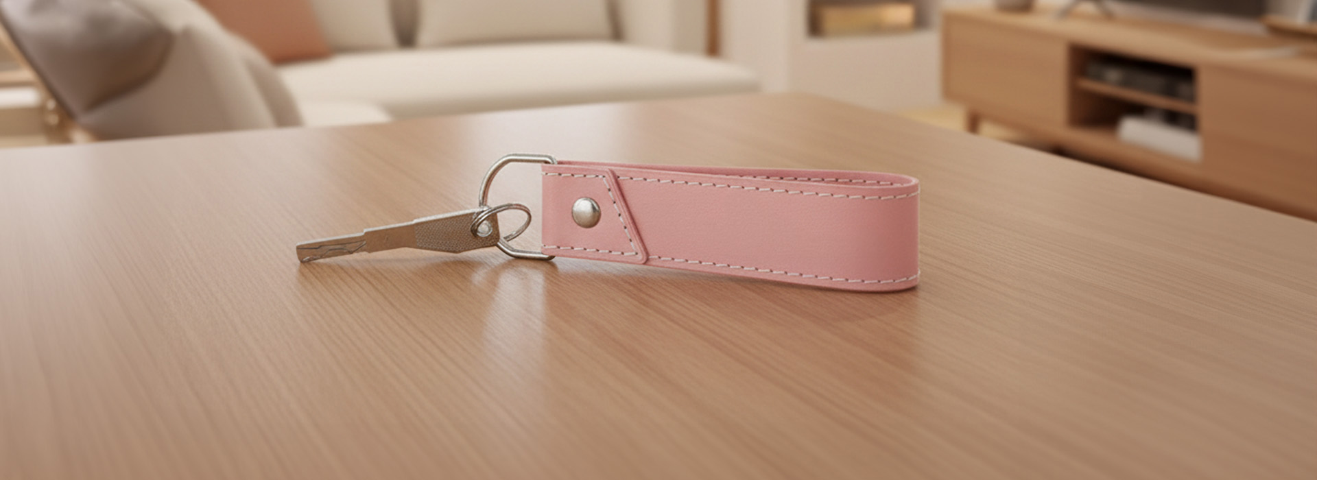 um chaveiro rosa sobre uma mesa