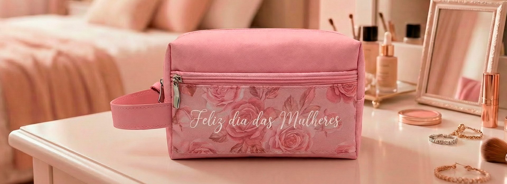uma necessaire rosa em um quarto feminino