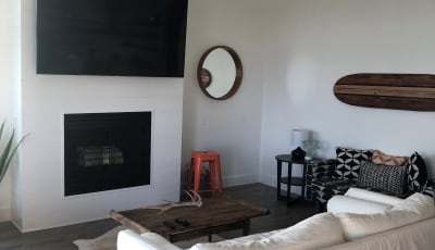 living room and fireplace
