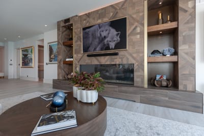 living room fireplace and coffee table