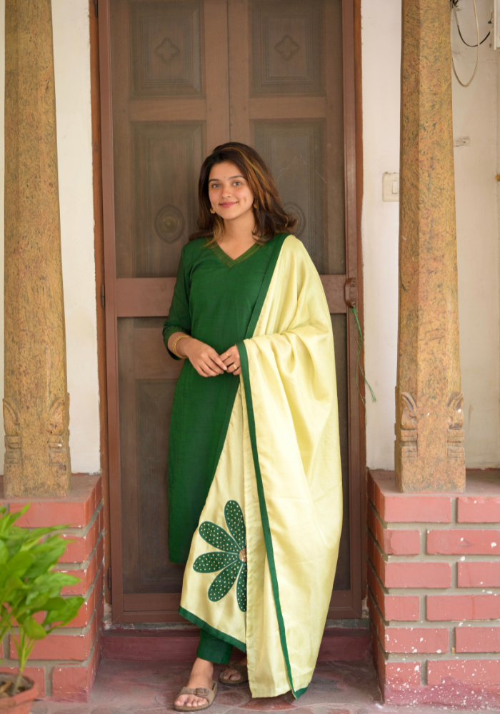 Dark Green Raw Silk Festive Set