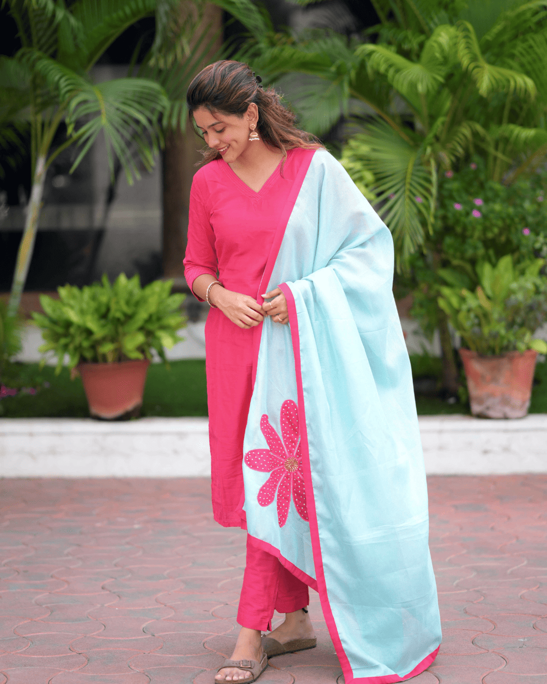 Radiant Pink: Raw Silk Kurti with Sky Blue Floral Shawl