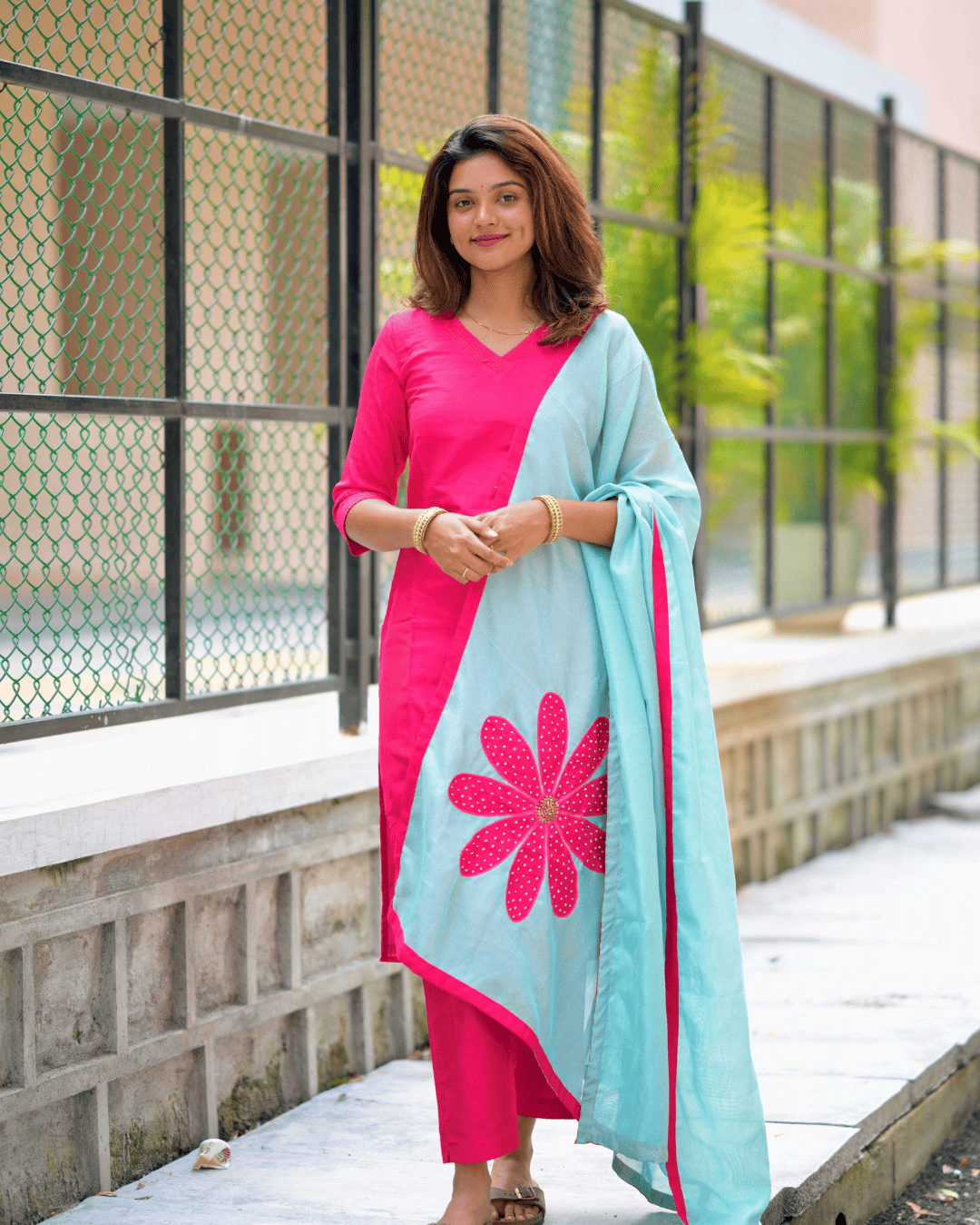 Radiant Pink: Raw Silk Kurti with Sky Blue Floral Shawl 2