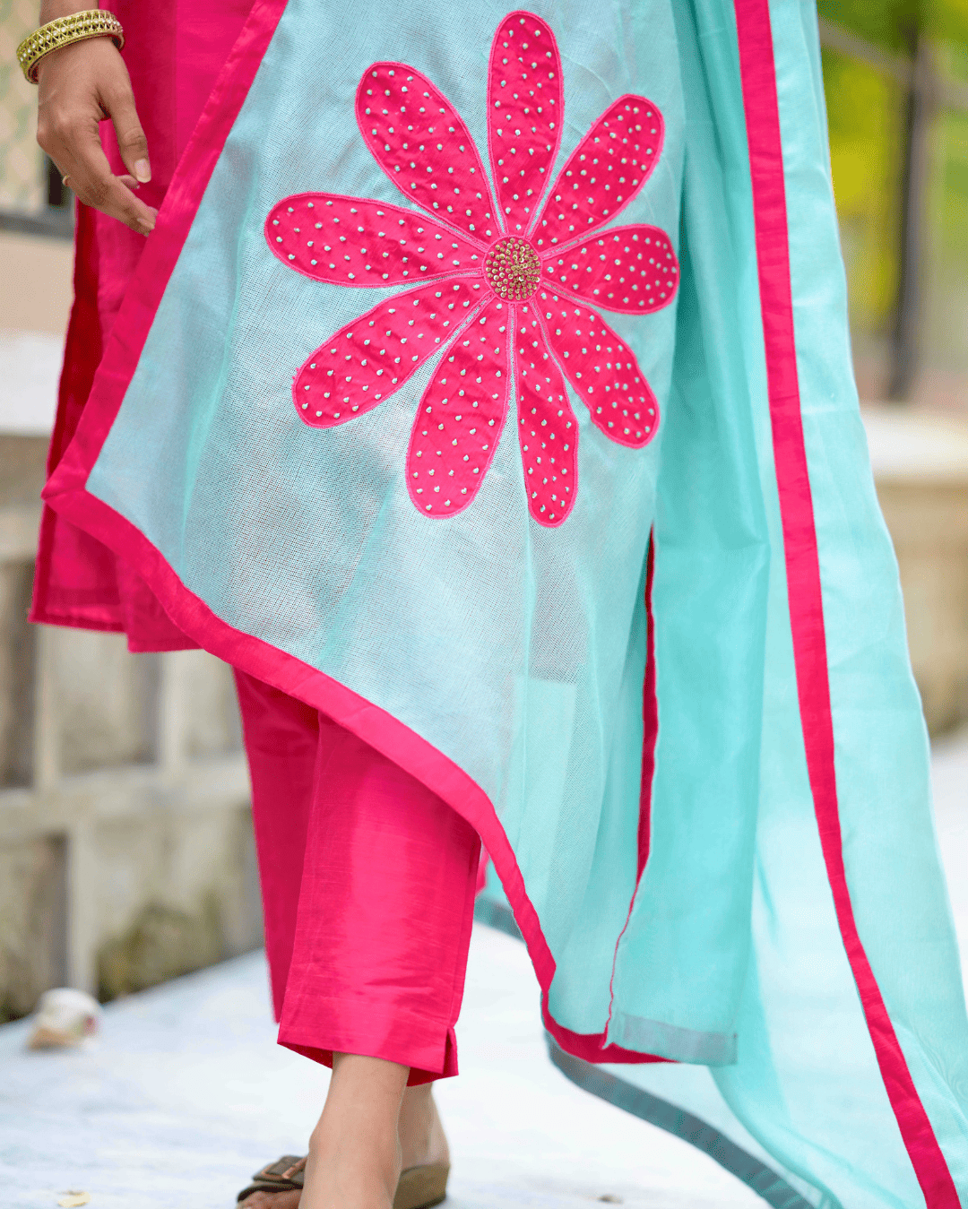 Radiant Pink: Raw Silk Kurti with Sky Blue Floral Shawl 3