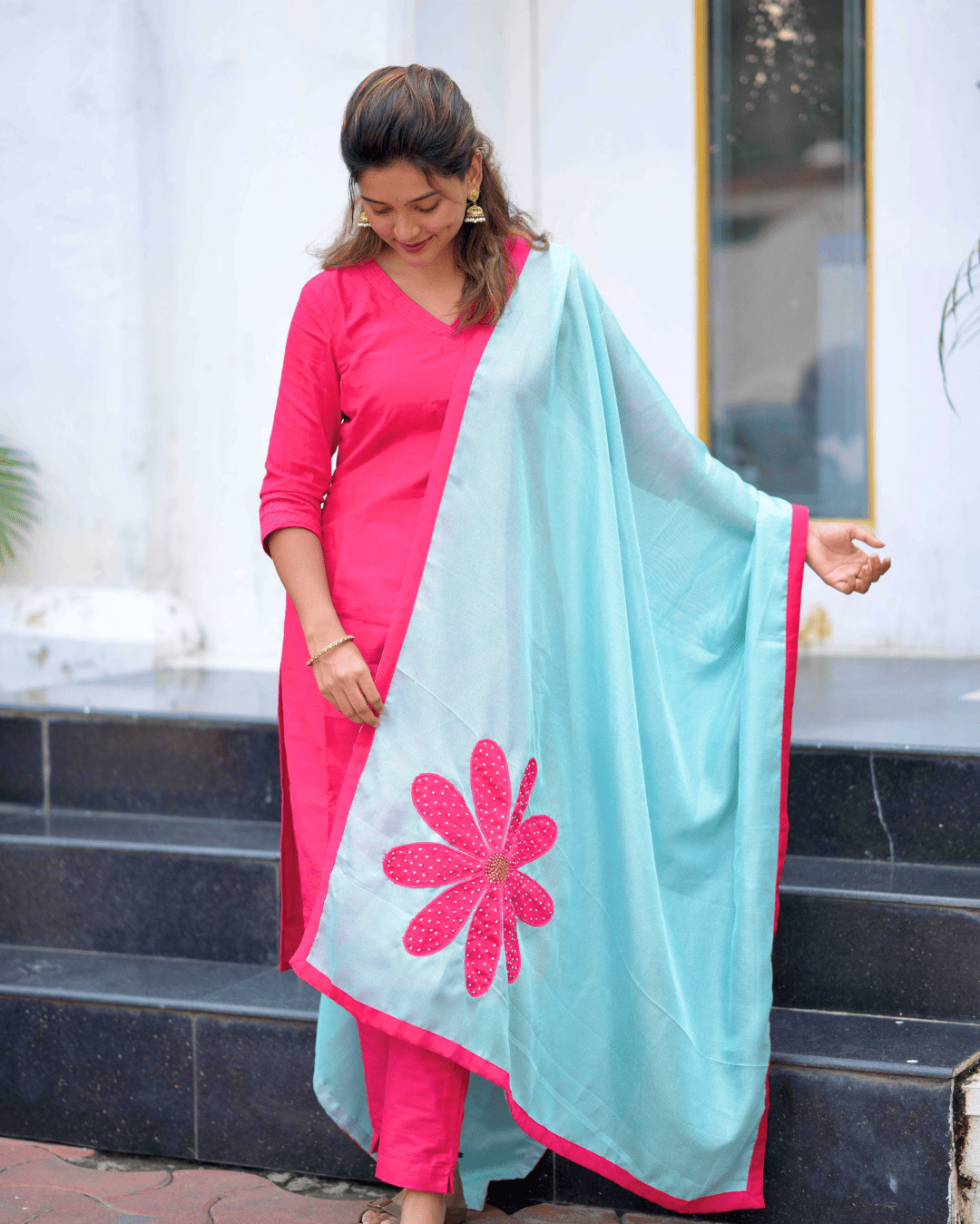 Radiant Pink: Raw Silk Kurti with Sky Blue Floral Shawl 5