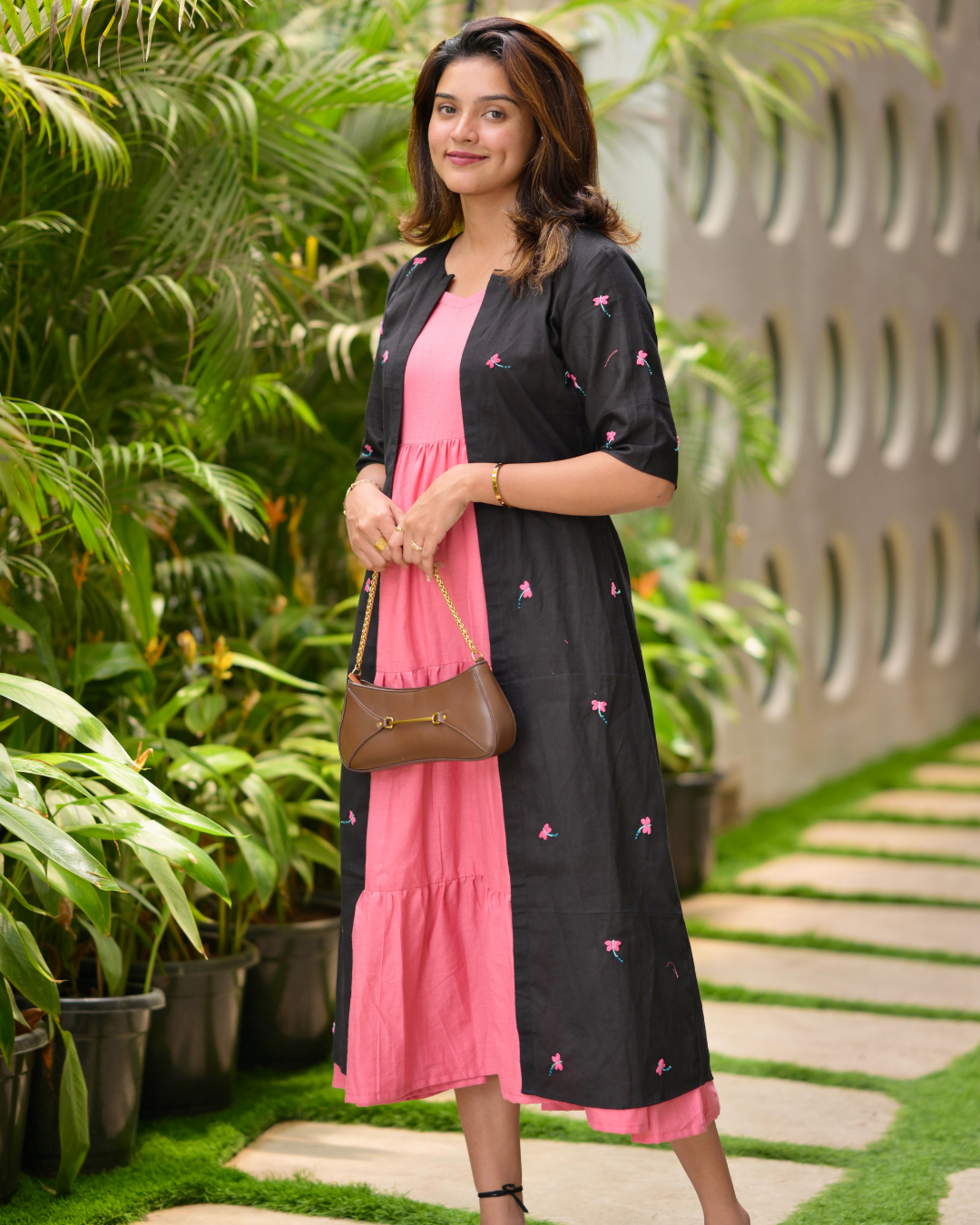 Rose Pink Tiered Frock with Hand-Embroidered Black Coat
