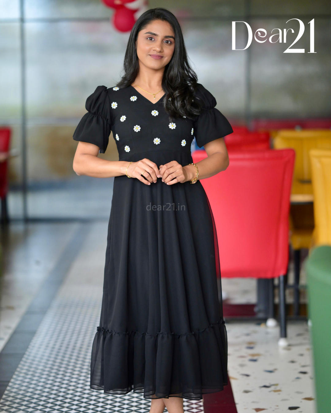 Midnight Black Georgette Dress with Daisy Handwork