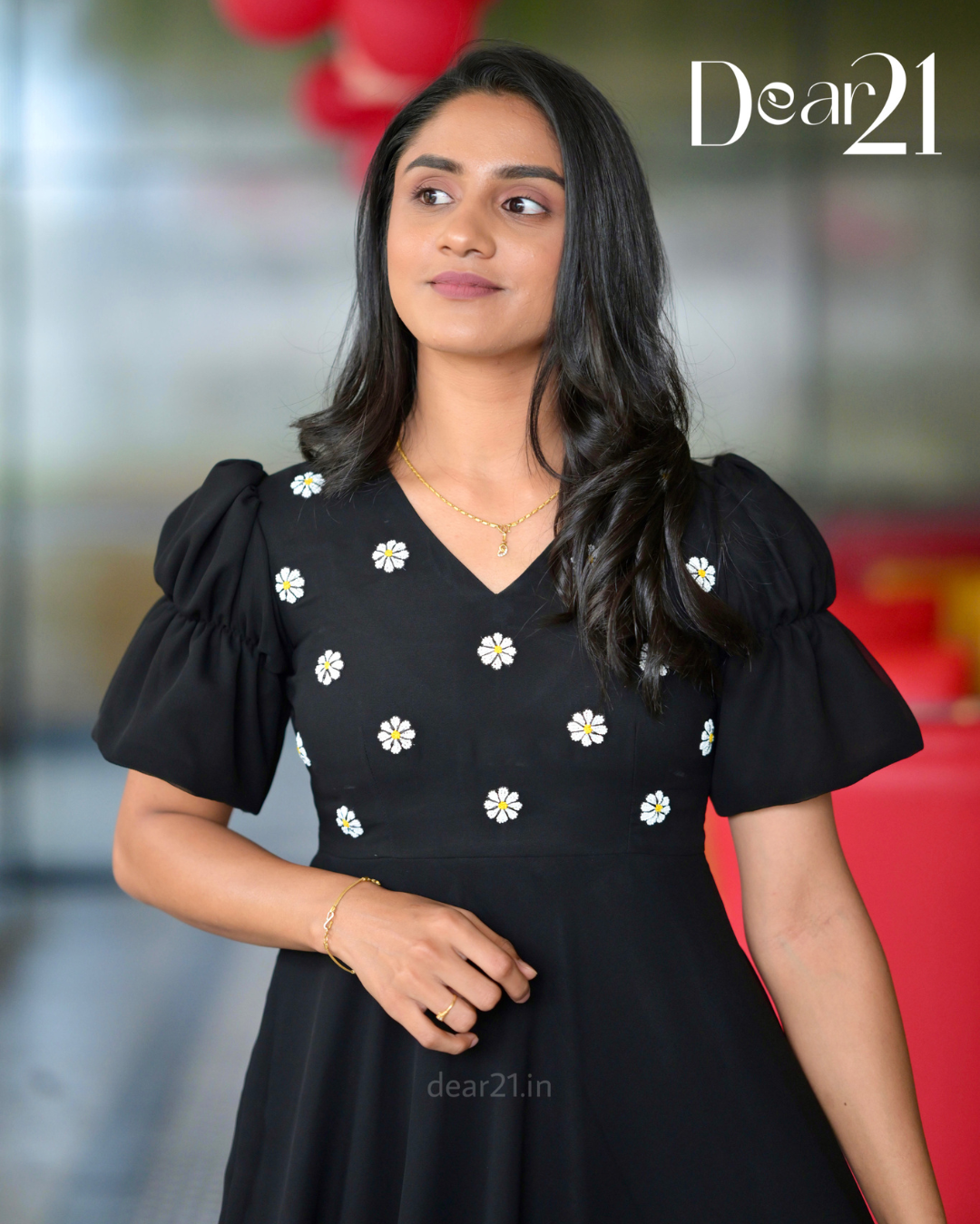 Midnight Black Georgette Dress with Daisy Handwork 2