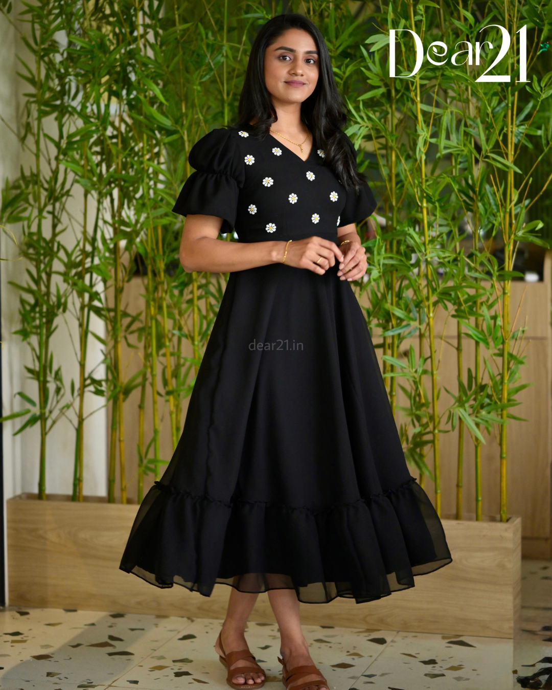 Midnight Black Georgette Dress with Daisy Handwork 3
