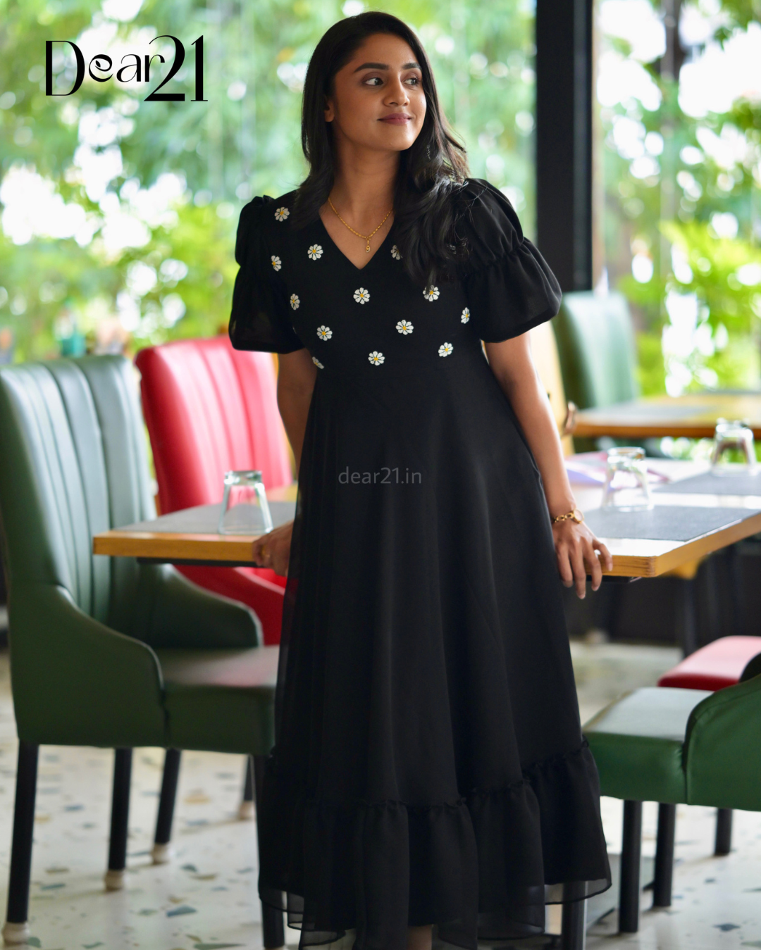 Midnight Black Georgette Dress with Daisy Handwork 4