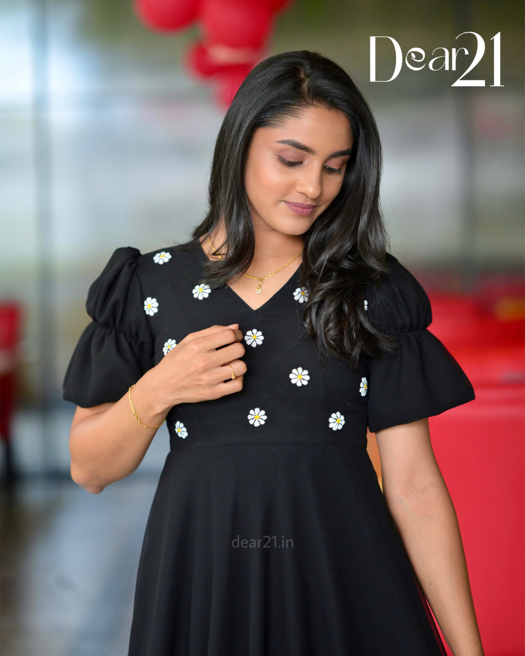 Midnight Black Georgette Dress with Daisy Handwork 5