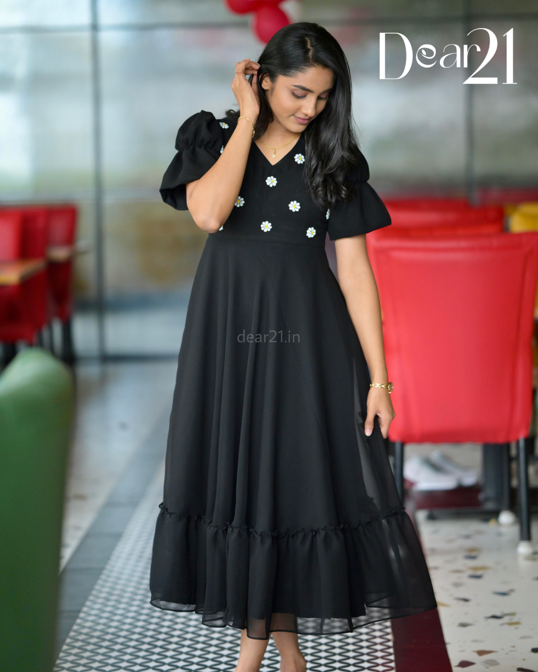 Midnight Black Georgette Dress with Daisy Handwork 7