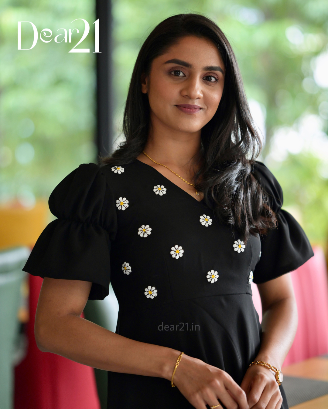 Midnight Black Georgette Dress with Daisy Handwork 8