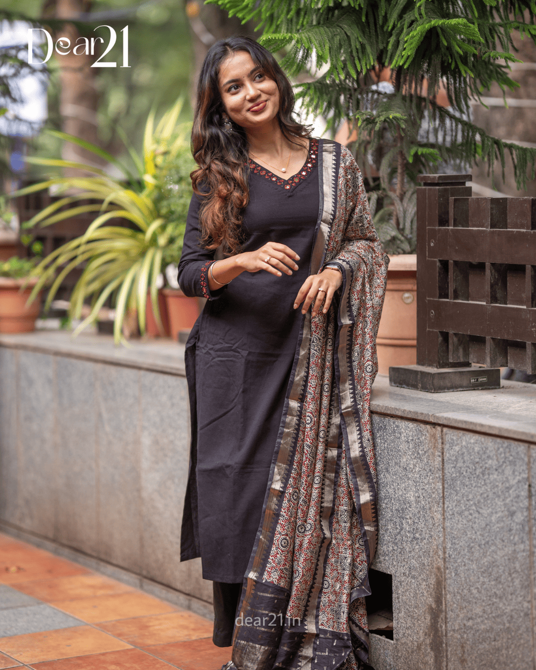 Ebony Black Mirror-Work Kurti with Ajrakh Print Dupatta