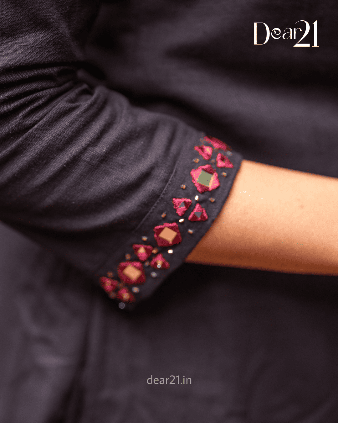 Ebony Black Mirror-Work Kurti with Ajrakh Print Dupatta 2