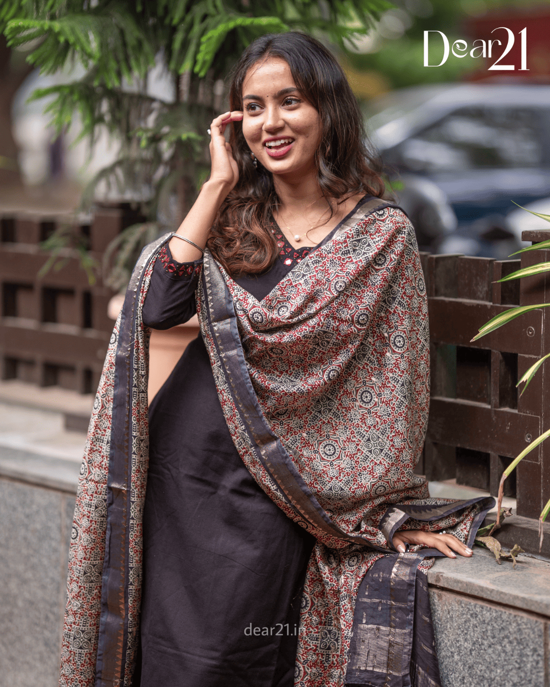 Ebony Black Mirror-Work Kurti with Ajrakh Print Dupatta 3