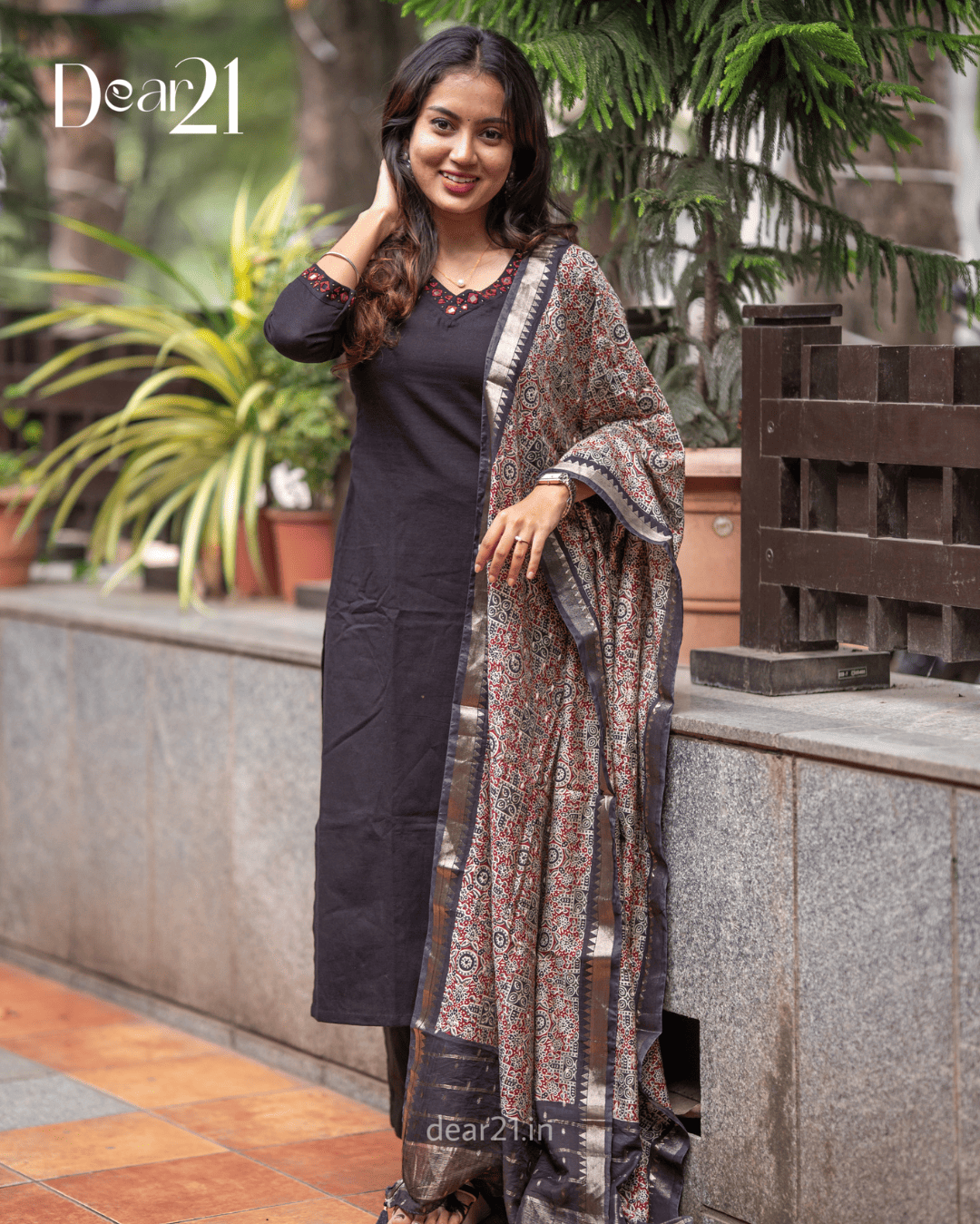 Ebony Black Mirror-Work Kurti with Ajrakh Print Dupatta 4