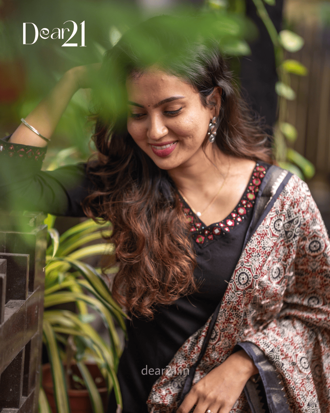 Ebony Black Mirror-Work Kurti with Ajrakh Print Dupatta 6