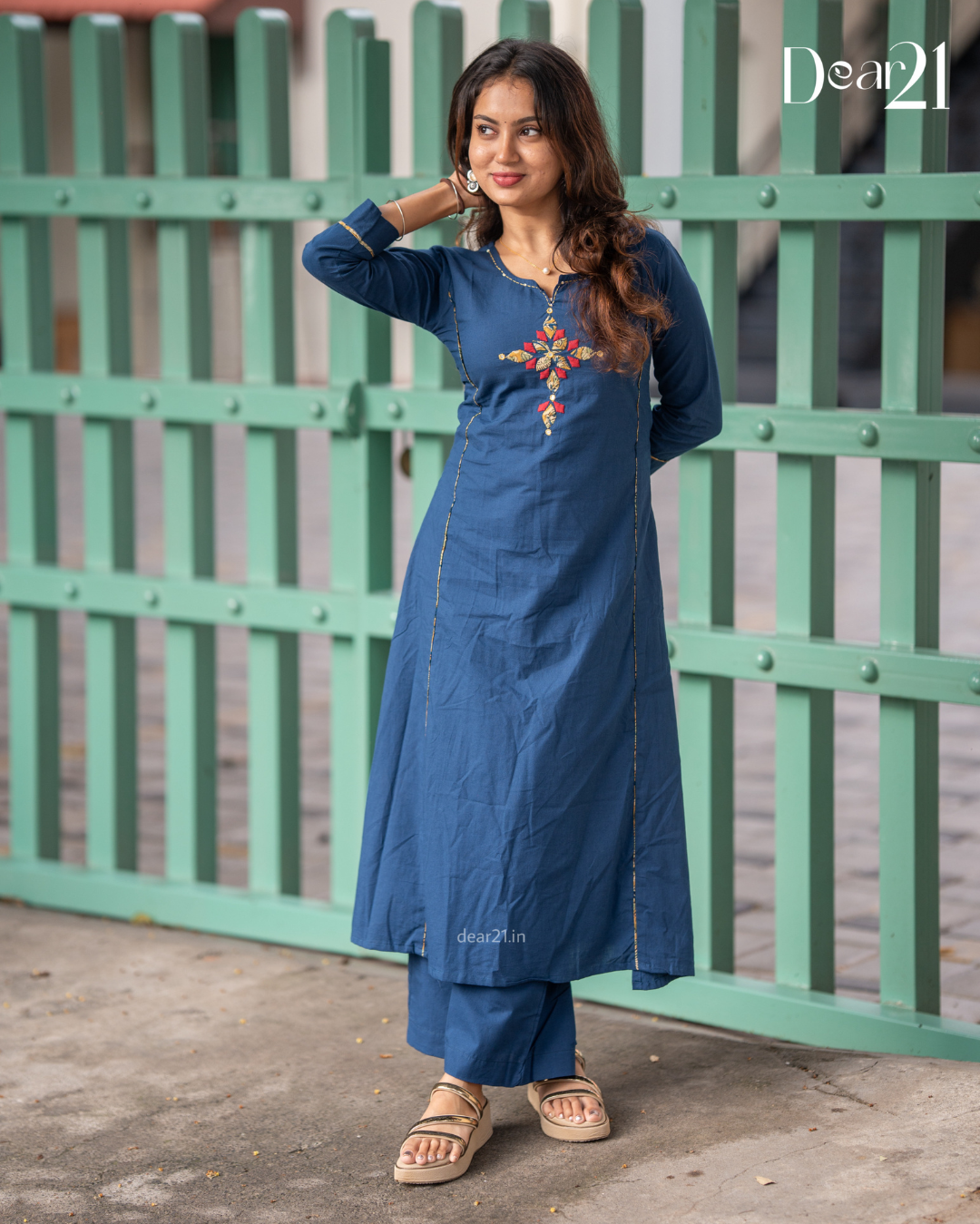 Ink Blue Cotton Kurti with Gold Gota Embroidery
