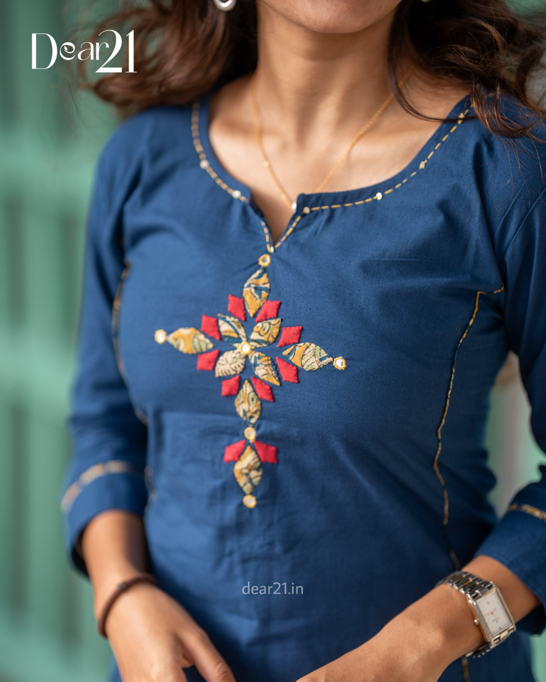 Ink Blue Cotton Kurti with Gold Gota Embroidery 3