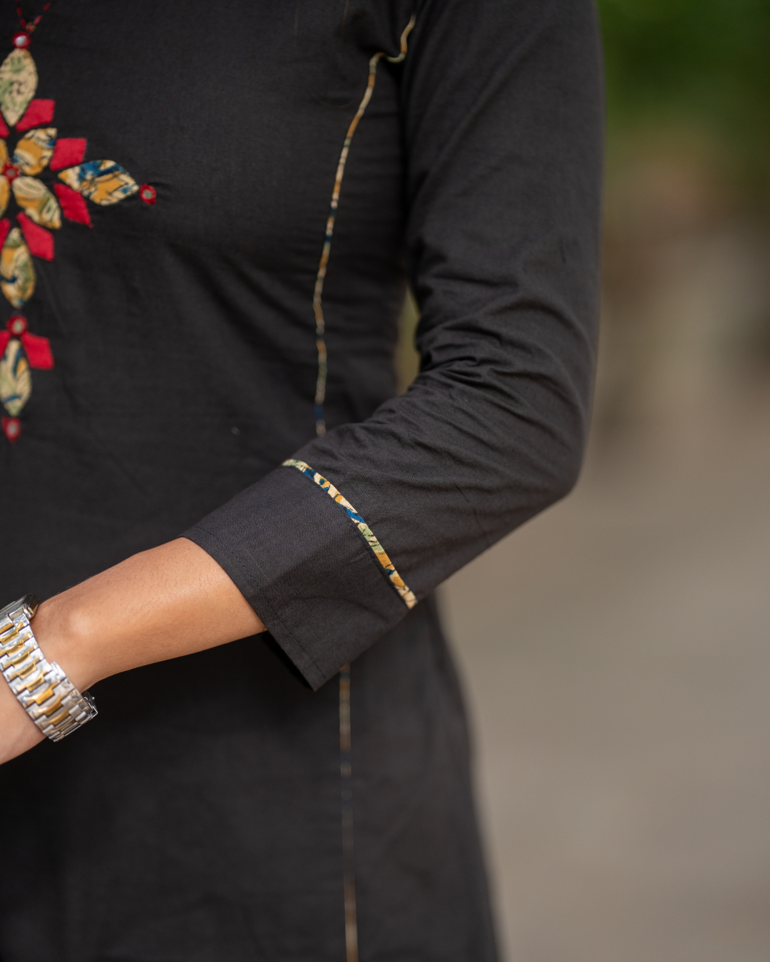 Charcoal Black Cotton Kurti with Gold Gota work 5