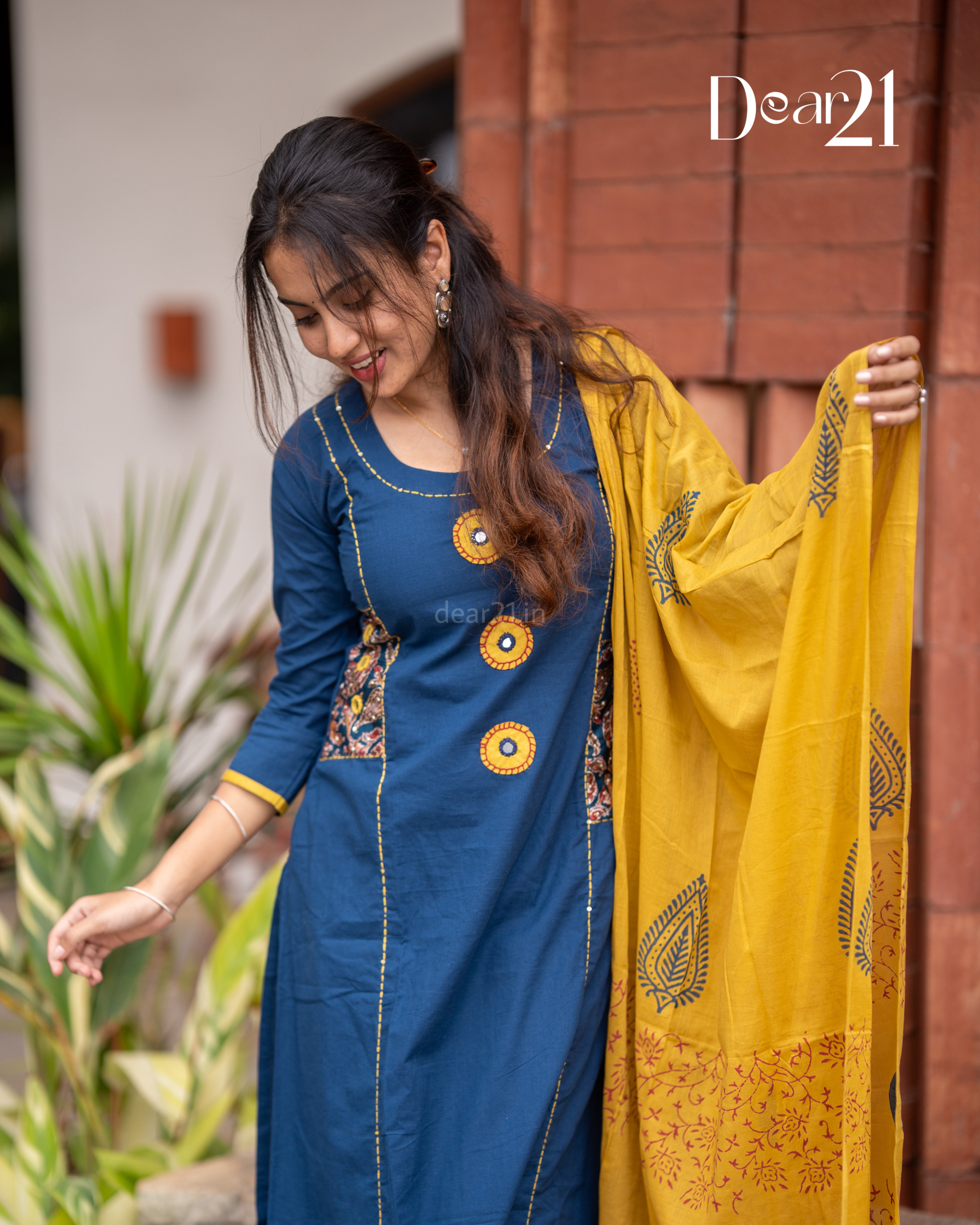Blue & Mustard Bloom Cotton 3-Piece Set