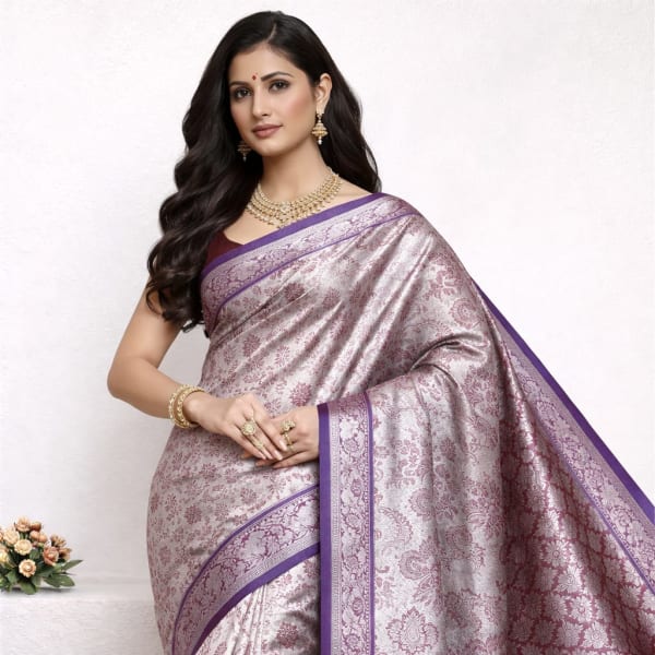 Sovereign Silver Kanchipuram Silk Saree with Royal Purple Zari Border