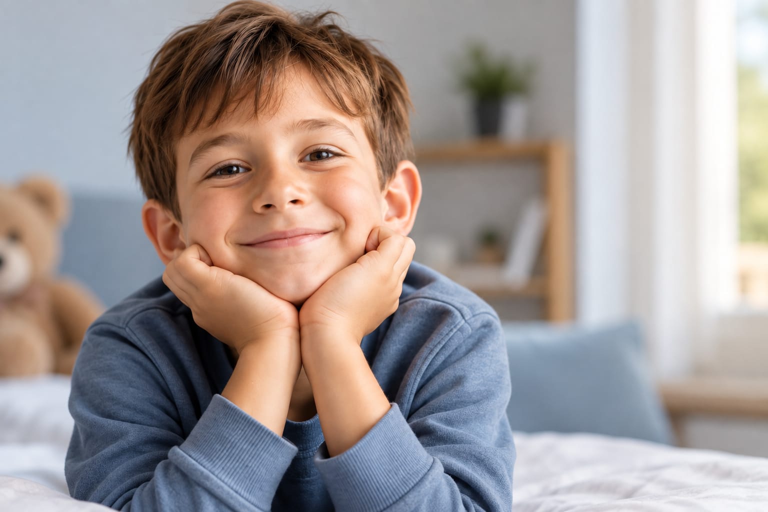 Niño sonriente con orejas de soplillo antes de una otoplastia
