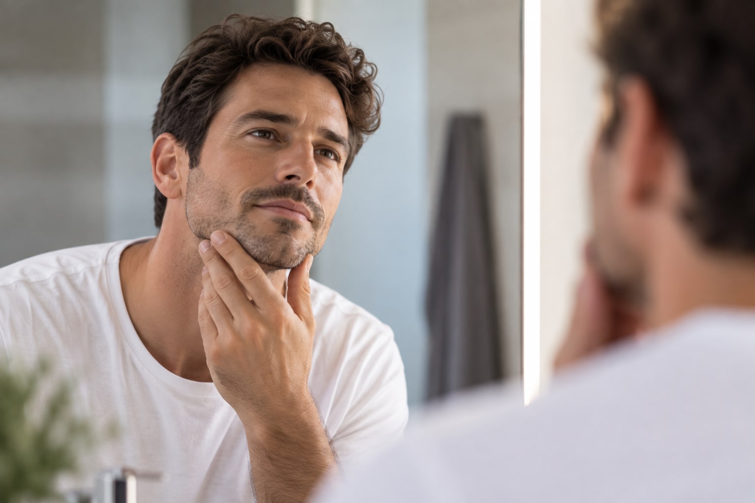 Hombre cuidando su piel frente al espejo, tendencia de medicina estética masculina
