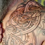 A detailed tattoo adorns a persons shoulder and upper chest, intertwining mythical creatures with intricate designs. This black, shaded masterpiece echoes Celtic or Nordic styles, and is proudly inked in a renowned Tattoo Nottingham studio. A silver chain elegantly drapes across the shoulder.