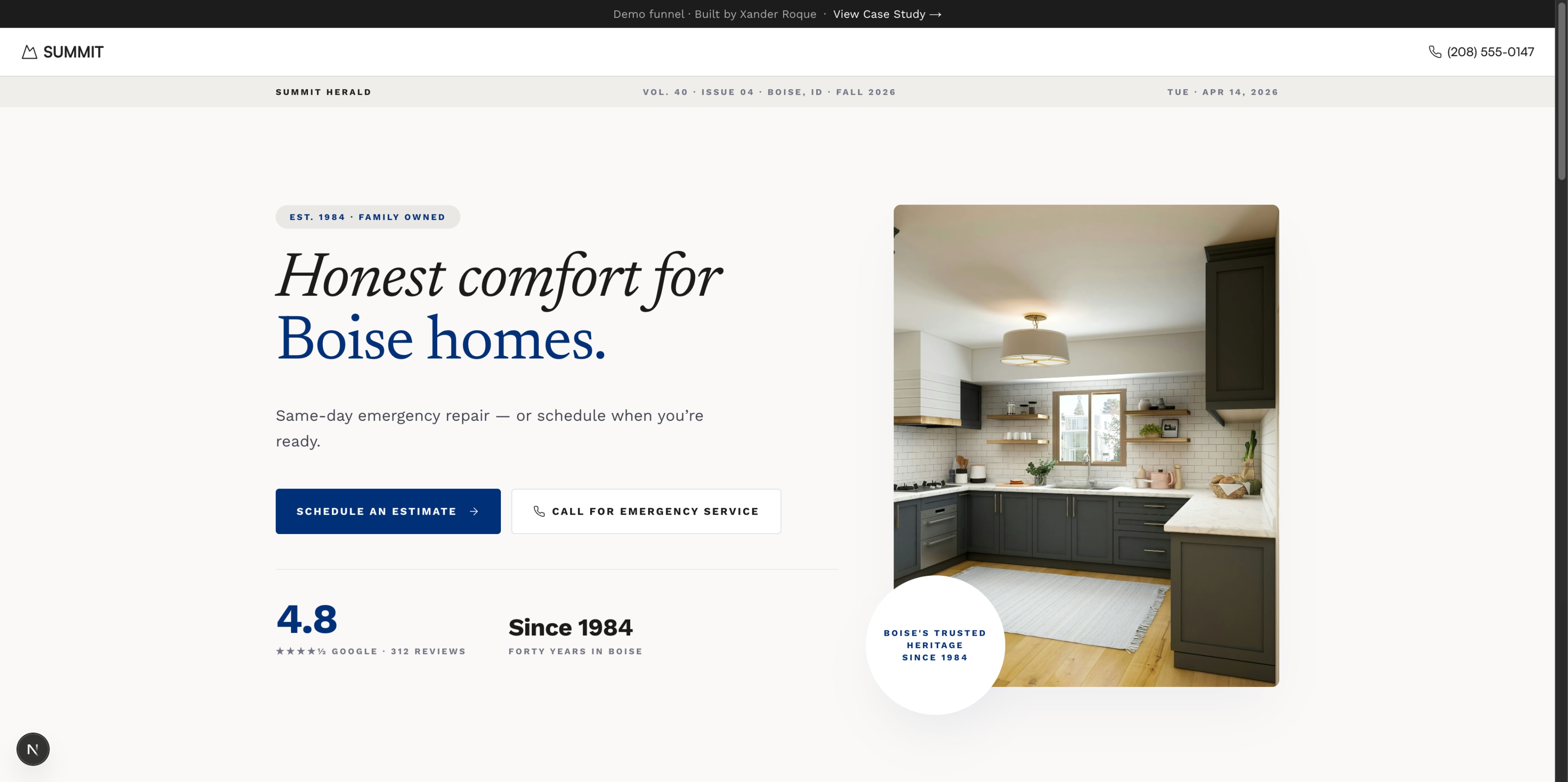 Designed a heritage almanac HVAC funnel that routes emergency and estimate visitors differently