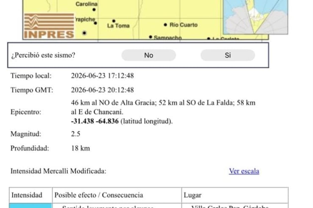 Sismo de baja intensidad sacude Tanti y se percibe en Villa Carlos Paz