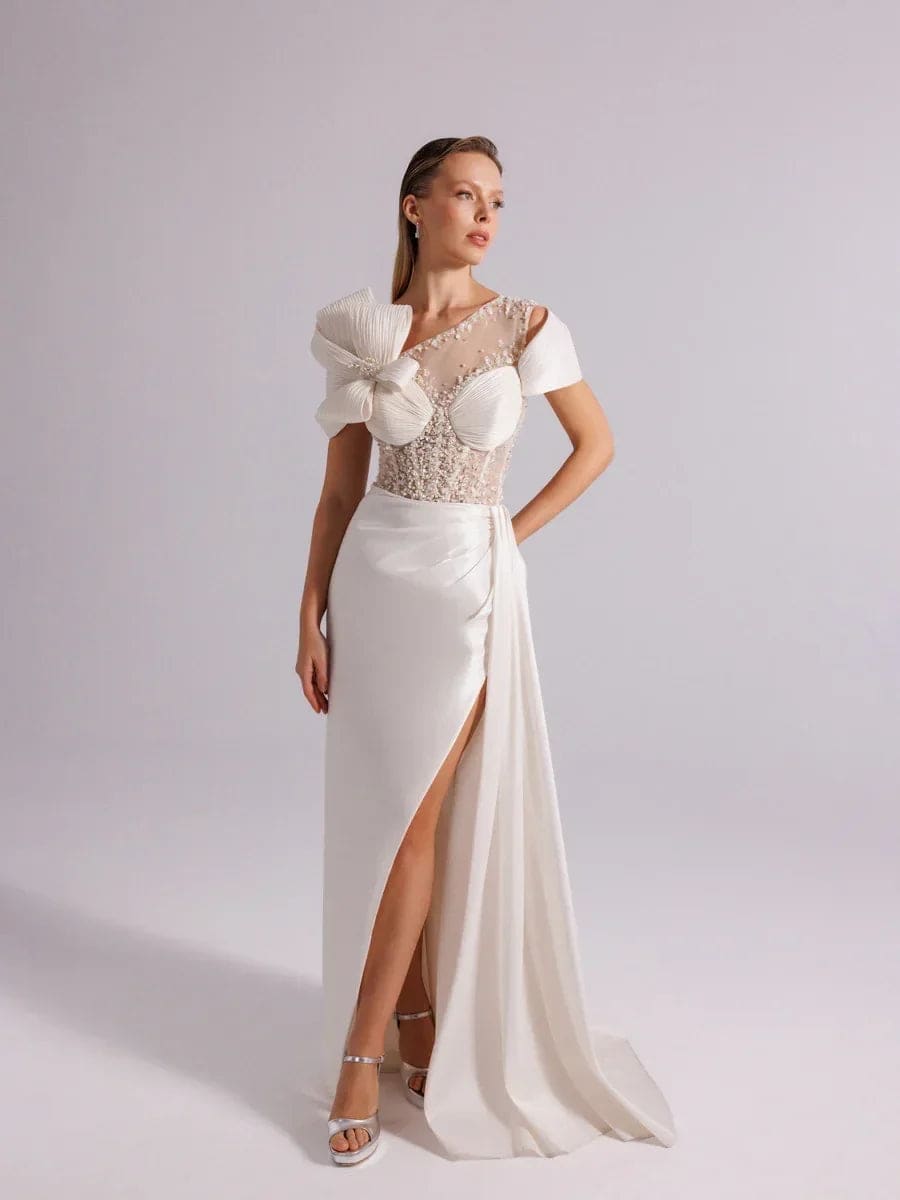 Ivory Stone Detail Evening Gown