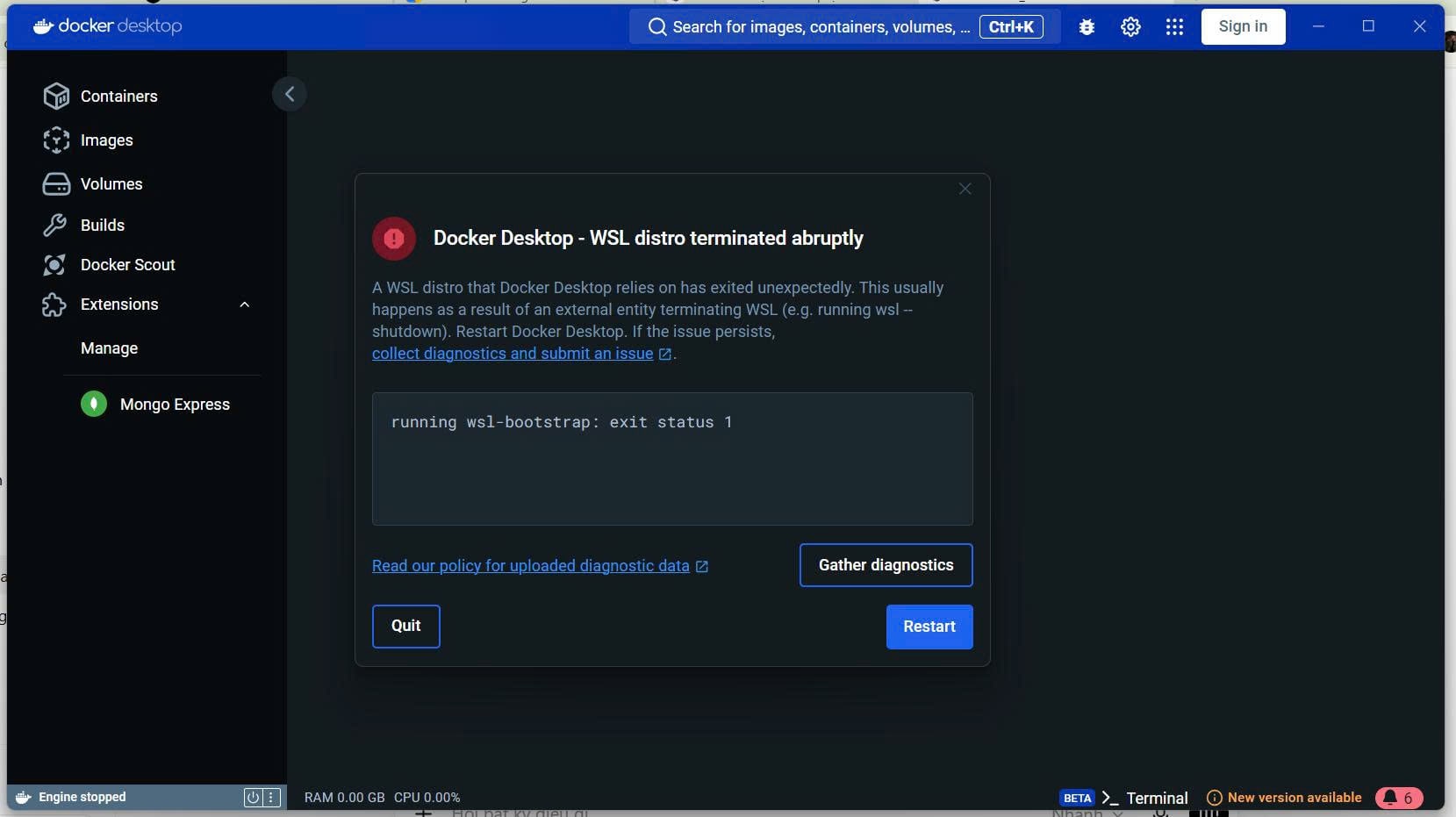 Fix Docker Desktop: WSL distro terminated abruptly / wsl-bootstrap: exit status 1