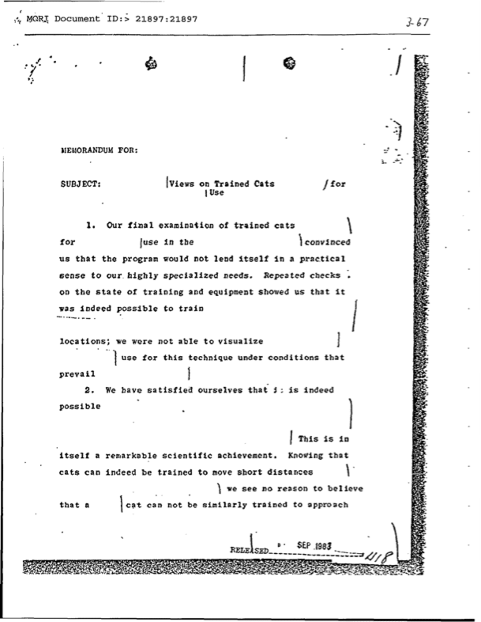 The 1983 memo that was declassified in 2001. It describes the project and its methods. The 1983 memo that was declassified in 2001. It describes the project and its methods.