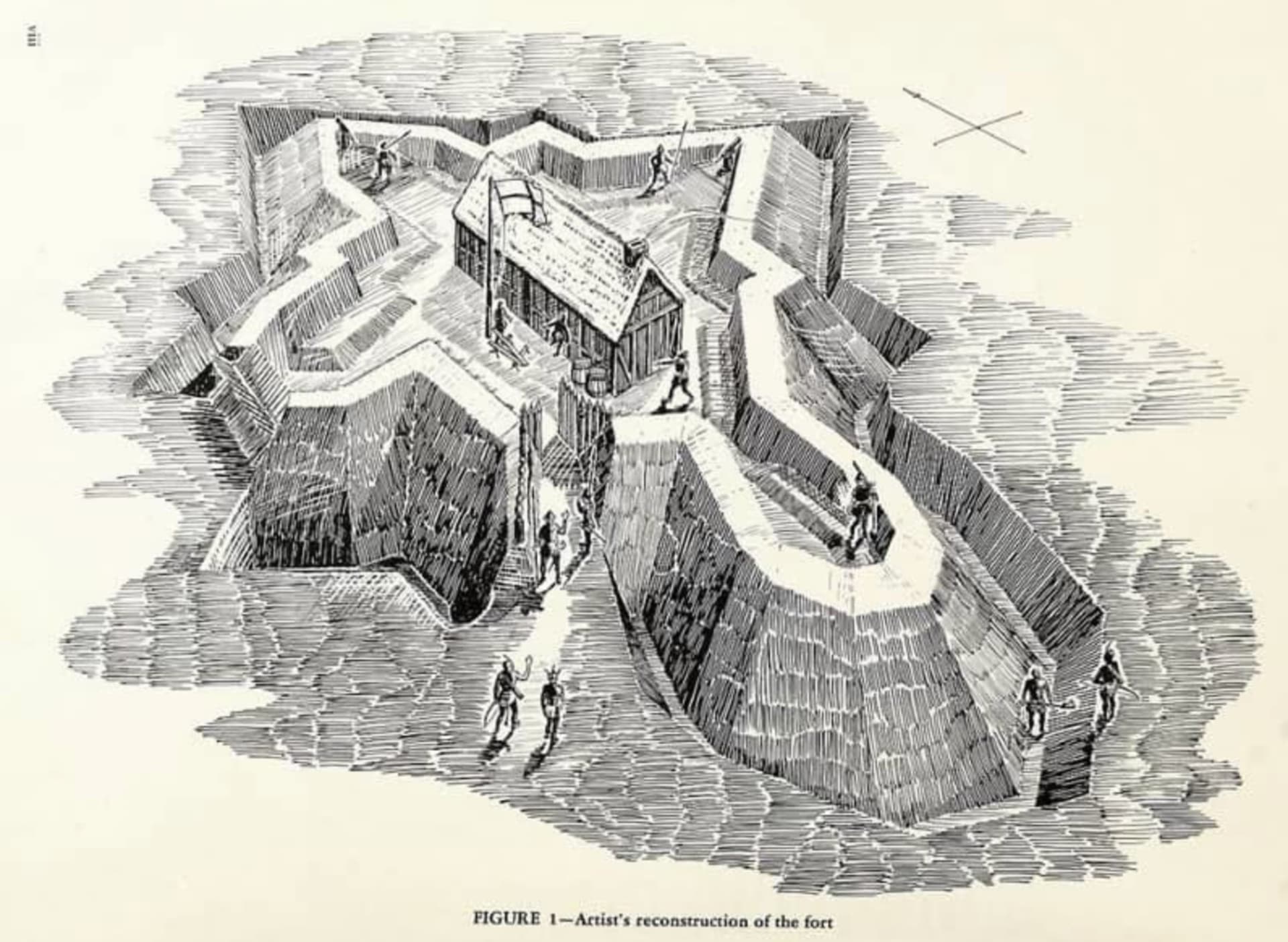 An artist’s depiction of Ralph Lane’s fort during the first colony of Roanoke.